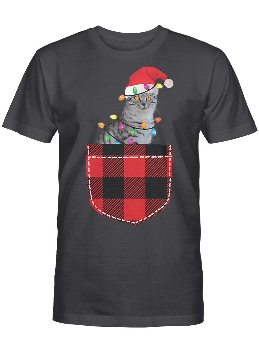 AmazeStyleZ Santa’s Reindeer, Ugly Christmas Sweater, Christmas Gift Ideas, Funny Cat In Pocket Shirt Gift Xmas Plaid Cat Christmas T-Shirt