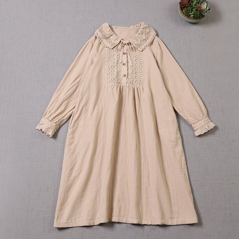 Spring Japanese Style Peter Pan Collar Dress Lace Embroidery Loose cotton linen Women Long Sleeve Dress 2022 alx