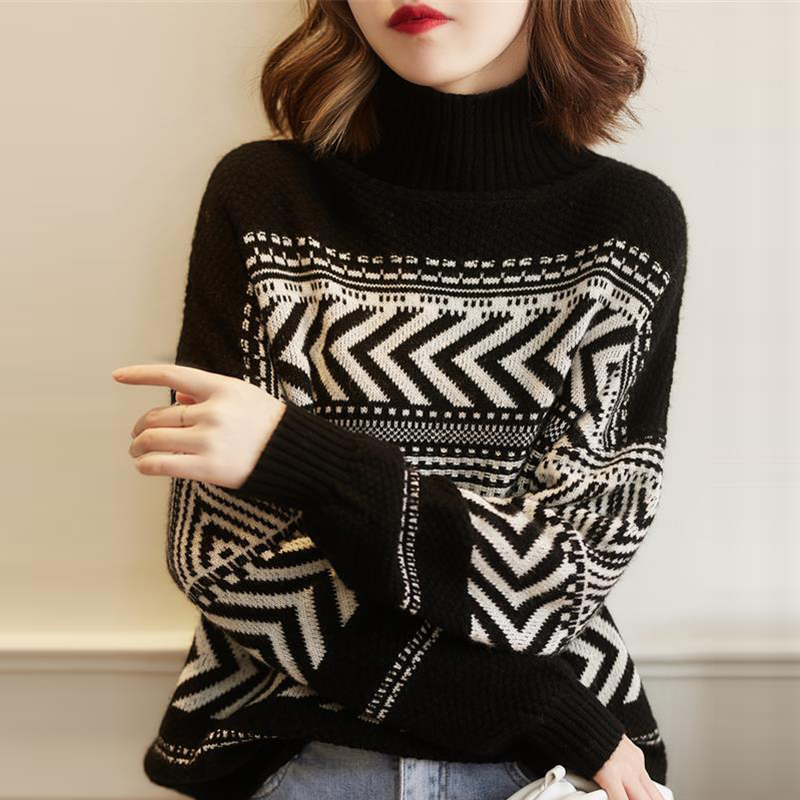 2022 Turtleneck Sweater Women’s Clothing Autumn Neck Drop Shoulder Long Sleeve Pullover Vintage Sweater Fashion alx