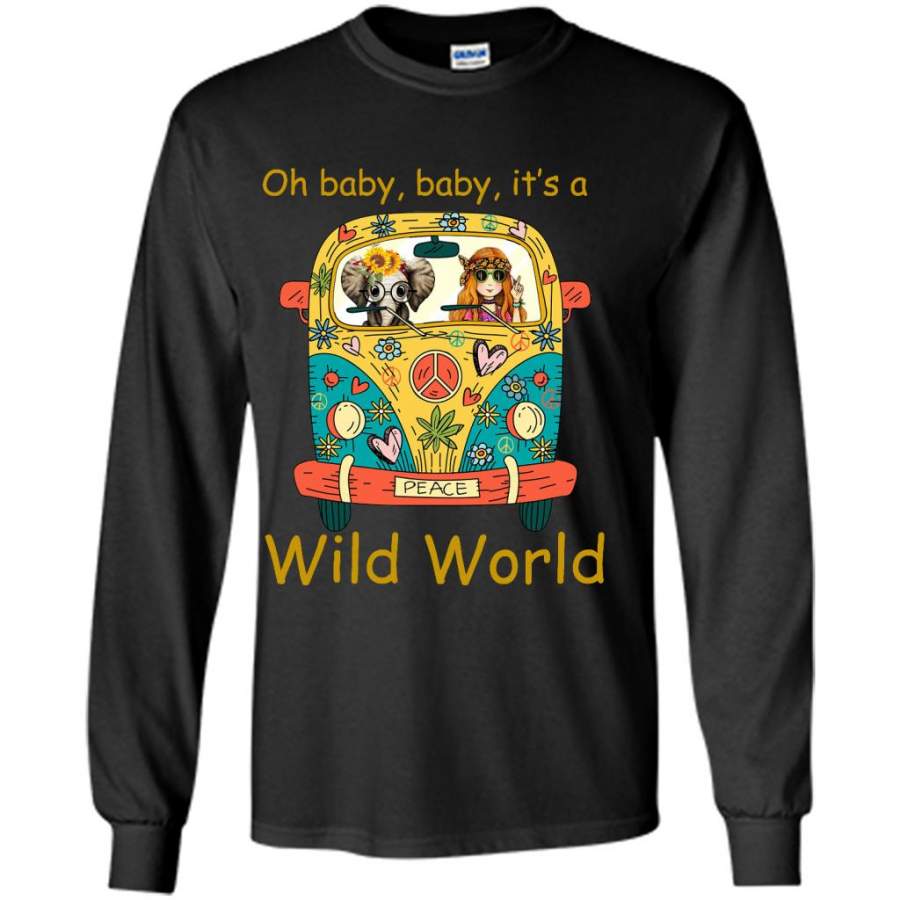 Oh Baby Baby It’s A Wild World, Hippie Car Girl, Peace Sign, Elephant Design – Gildan Long Sleeve Shirt