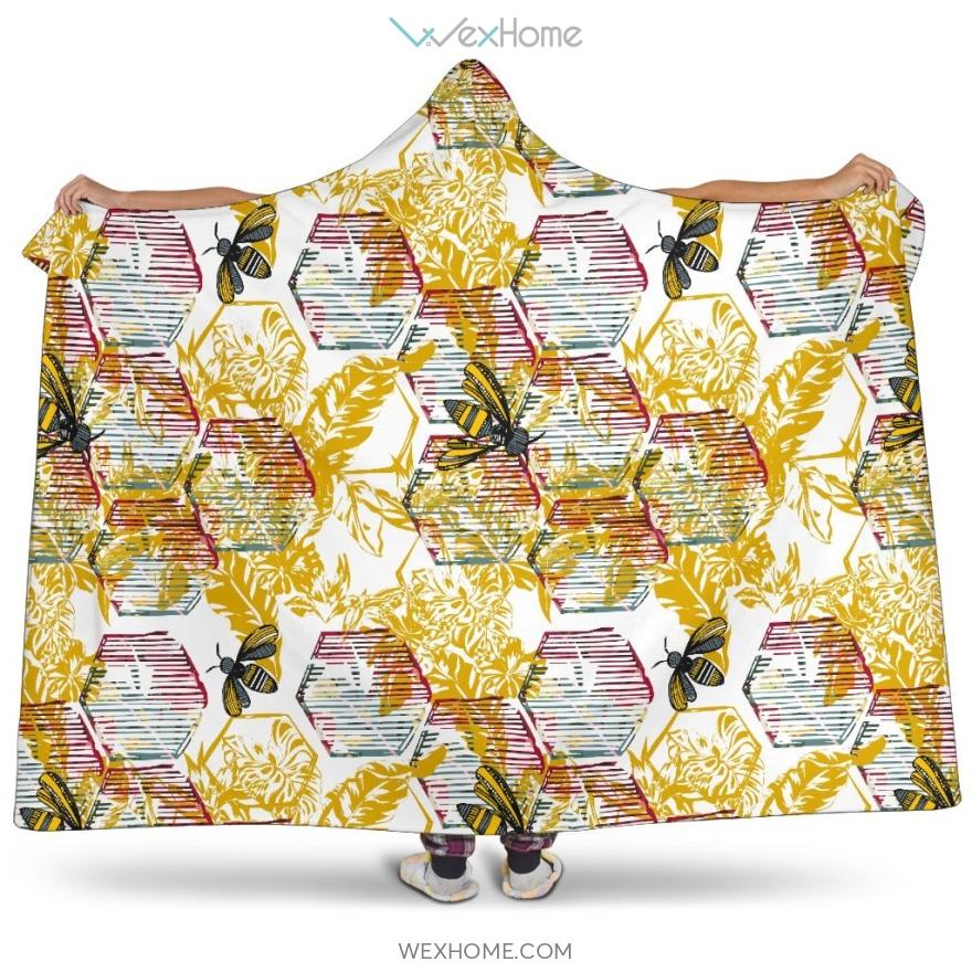 Cool Bee Honeycomb Leaves Pattern Hooded Blanket