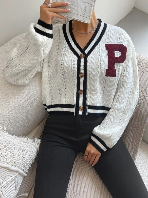 Y2K V-Neck Cropped Cardigan Women Letter Long Sleeve Preppy Style Autumn 2022 New Knitted Sweater Casual Sueter Mujer alx