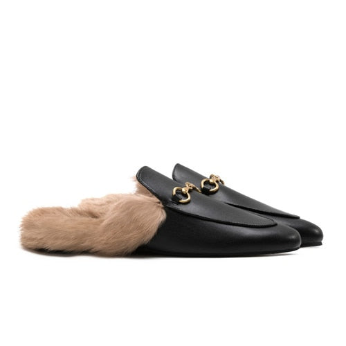 Microdeer Furry Slippers Women Fall/Winter 2022 New Style Rabbit Fur Baotou Half Slippers Flat Shoes