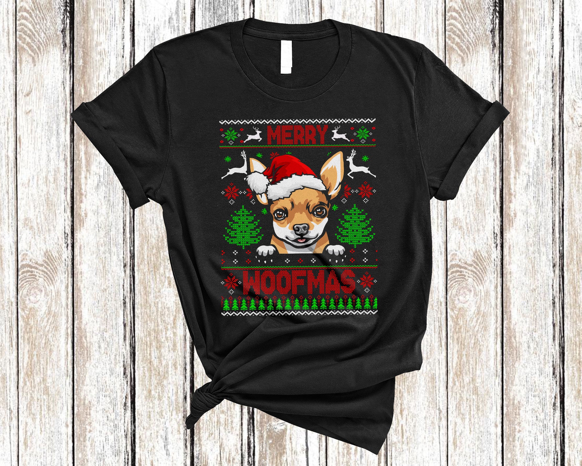 Christmas Dog Shirt Merry Woofmas Funny Ugly Christmas Santa Chihuahua Dog Sweater Gifts T-Shirt