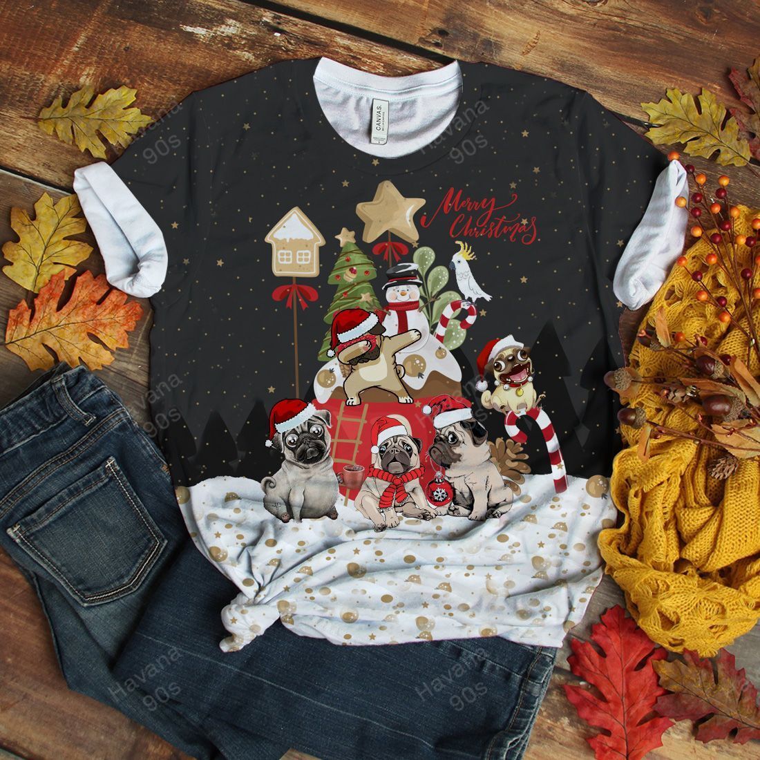 Pug T-shirt Dog Snowy Christmas Night