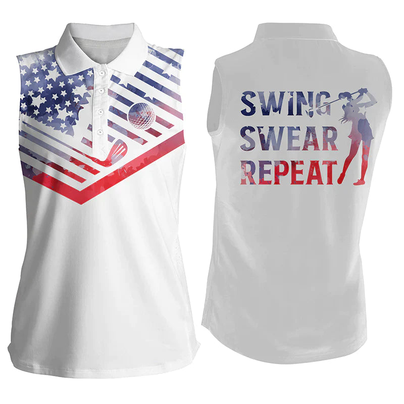 Women’S Sleeveless Golf Polo Shirt, Watercolor American Flag Swing Swear Repeat White Golf Shirt