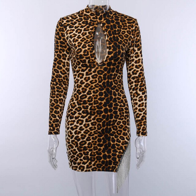 Leopard Long Sleeve O-Neck Hollow Out Pencil Dresses