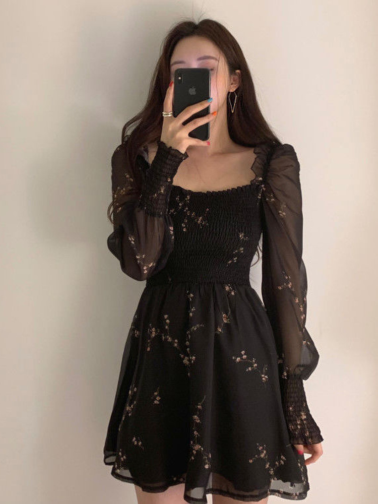 Woherb 2022 Summer Womens Black Dress Vintage Flower Long Puff Sleeve Chiffon Dresses Korean Casual Mini Vestidos Mujer 21593 alx