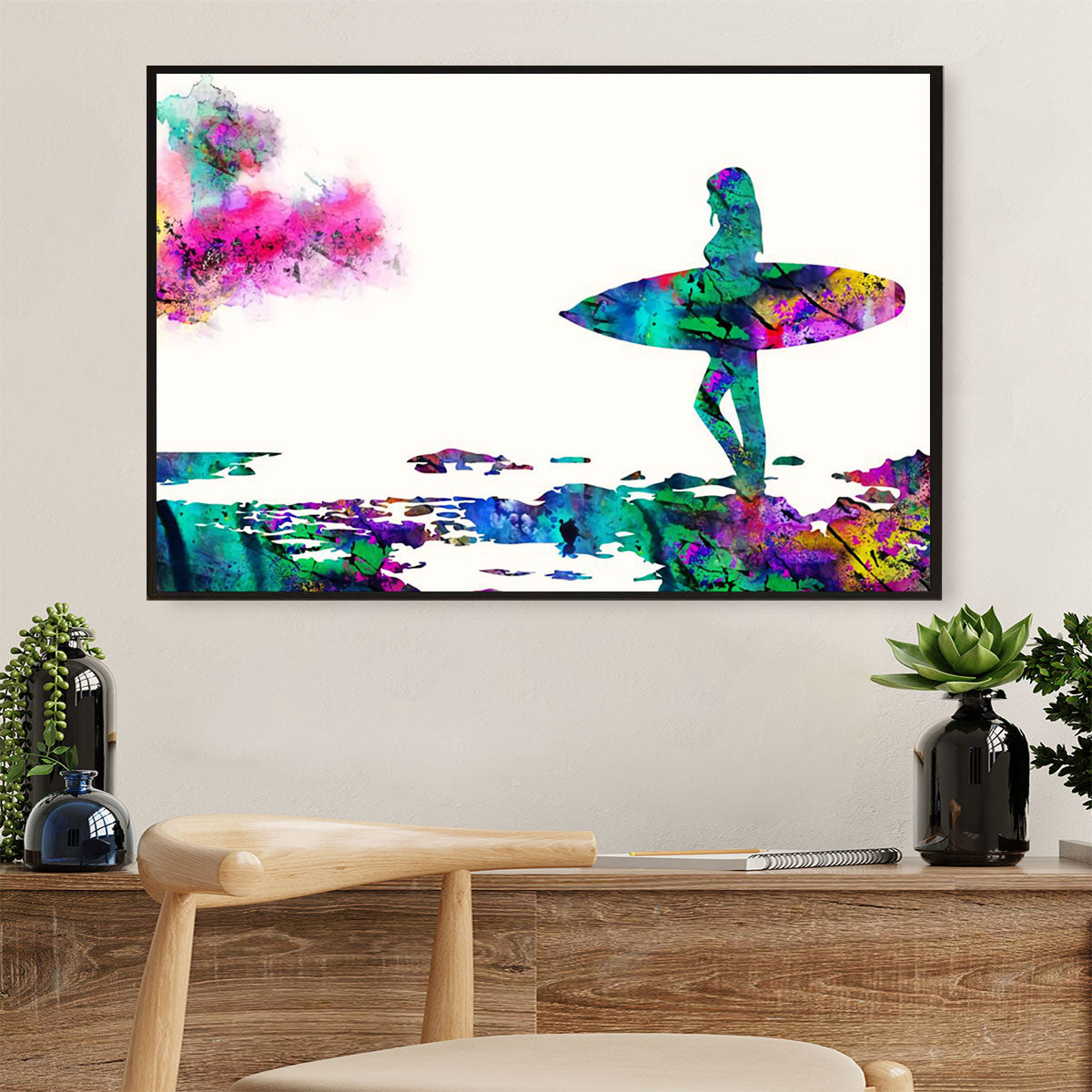 Water Surfing Canvas Wall Art Prints | Watercolor Girl Surfer Painting | Home Décor Gift For Beach Surfer