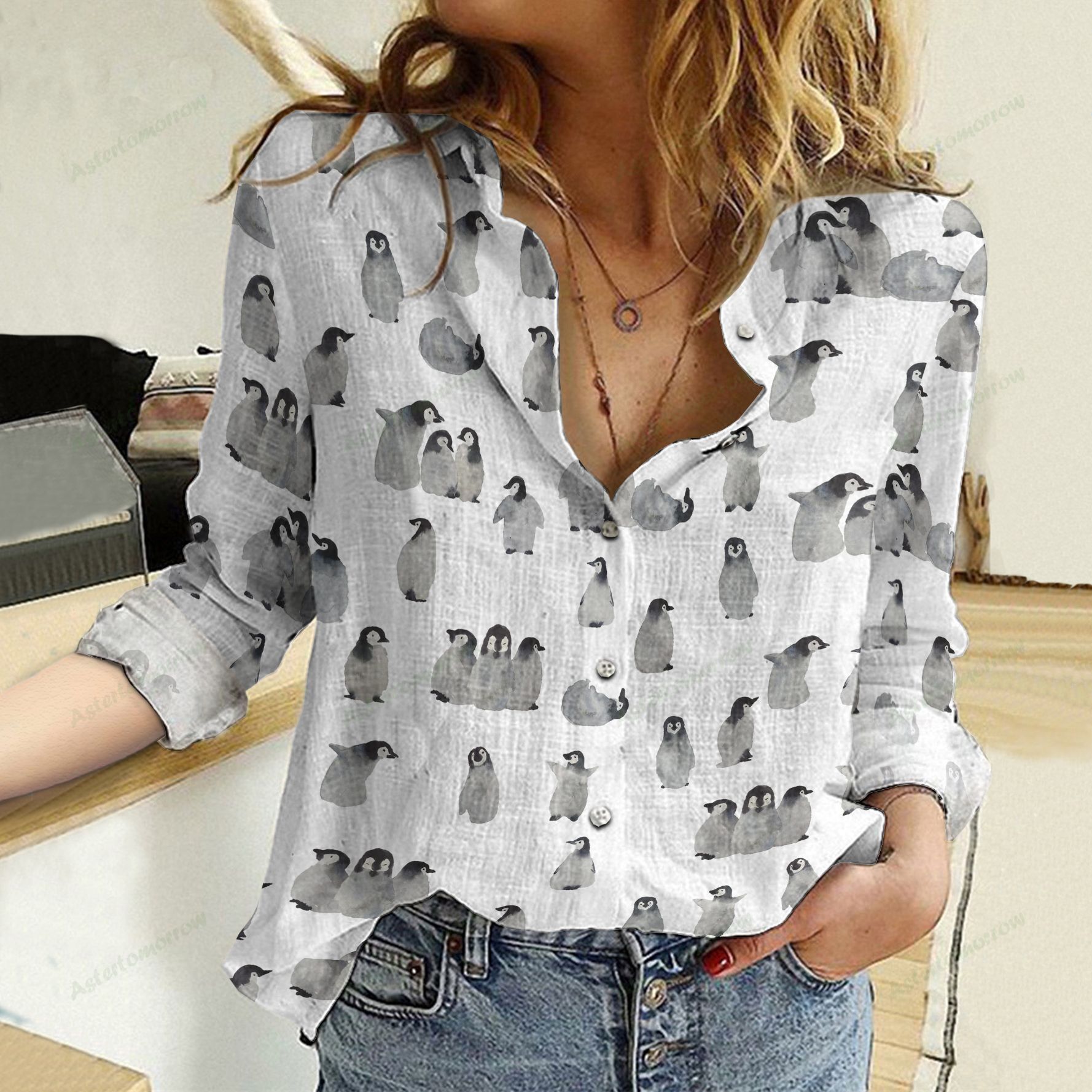 Cute Penguins  Cotton And Linen Casual Shirt, Watercolor Penguins Linen Shirt