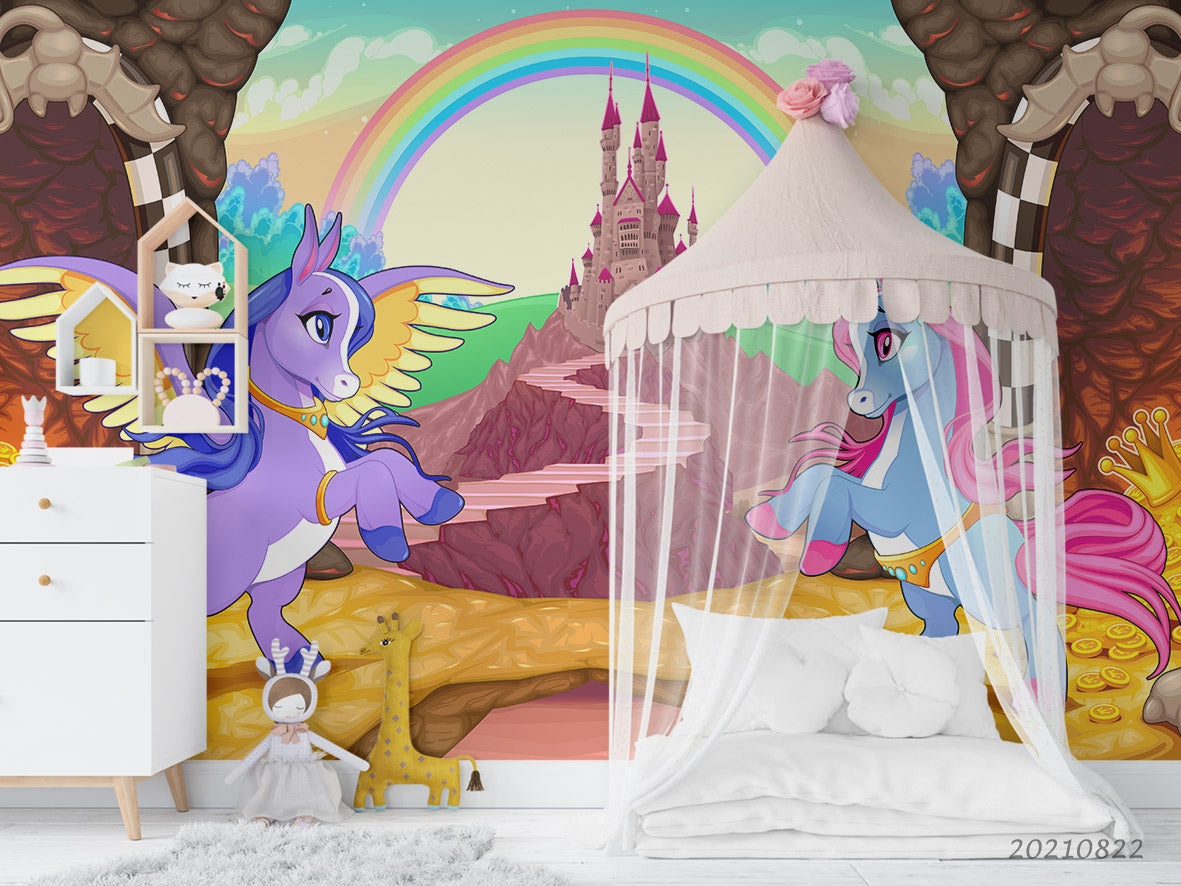 3D Cartoon Animal Unicorn Rainbow Wall Mural Wallpaper Lqh 472