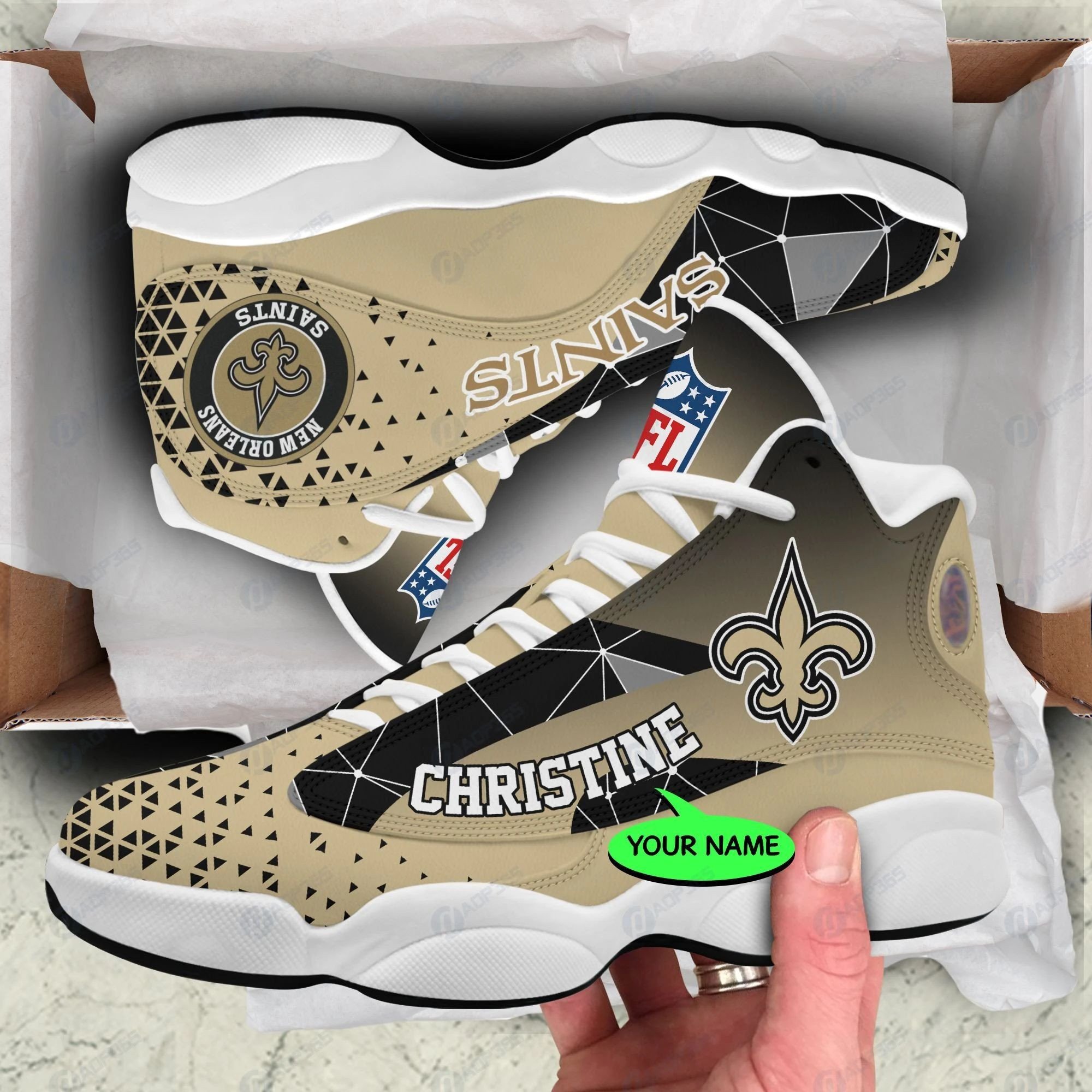 Personalized New Orleans Saints Triangle Brown Black Air Jordan 13 Printing Shoes Sneaker