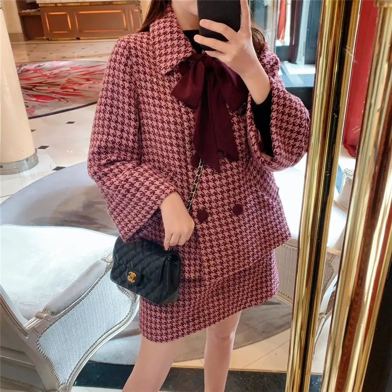 Vintage Houndstooth Print Turn-down Collar Coat Women+skirt Two Piece Set Women New Elegant Preppy Style Purple Black Skirt Suit alx