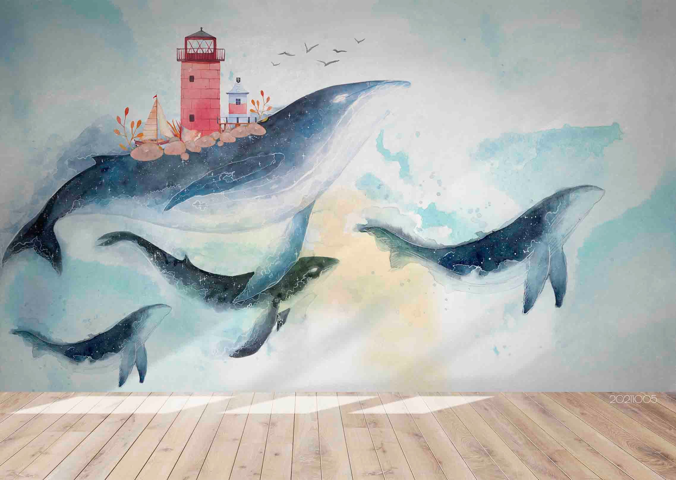 3D Cartoon Animal Dolphin Lighthouse Wall Mural Wallpaper Lqh 554