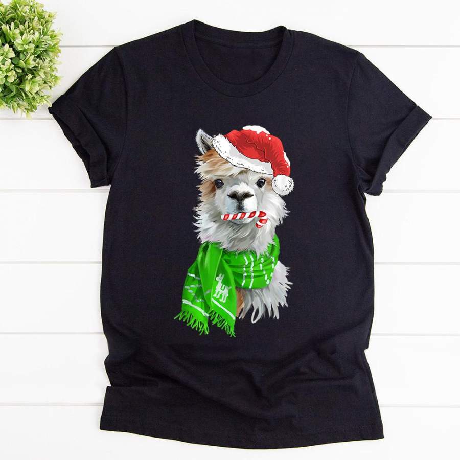 Christmas llama drama gift candy cane cute santa hat llama light green scarves black cotton t shirt for men and women S-6XL