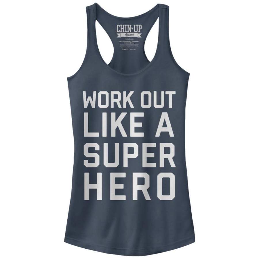 CHIN UP Junior’s Work Out Like a Super Hero  Racerback Tank Indigo