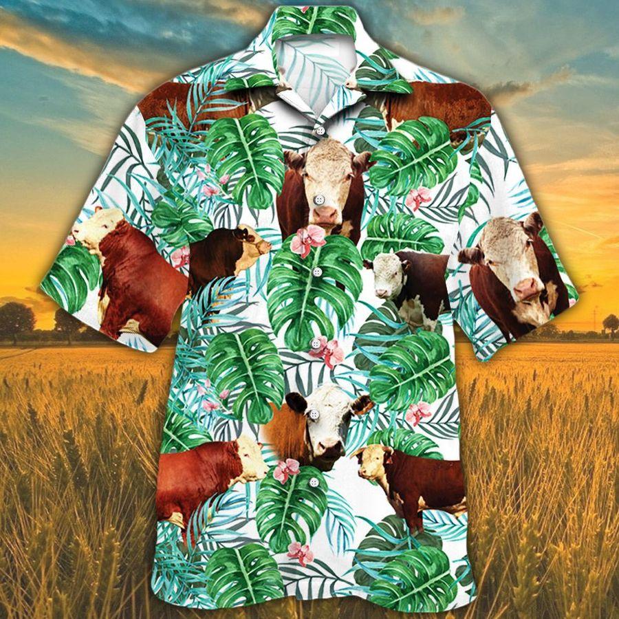 Hereford Cattle Lovers Tropical Plant Hawaiian Cow Shirt For Men Women Ha13493