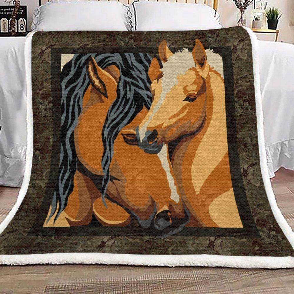 Cartoon Horse Couple Brown Fleece Blanket, Sherpa Blanket, Gift For Parent, Family Member, Friends Gift, Christmas Gift, Home Decor, Home Living