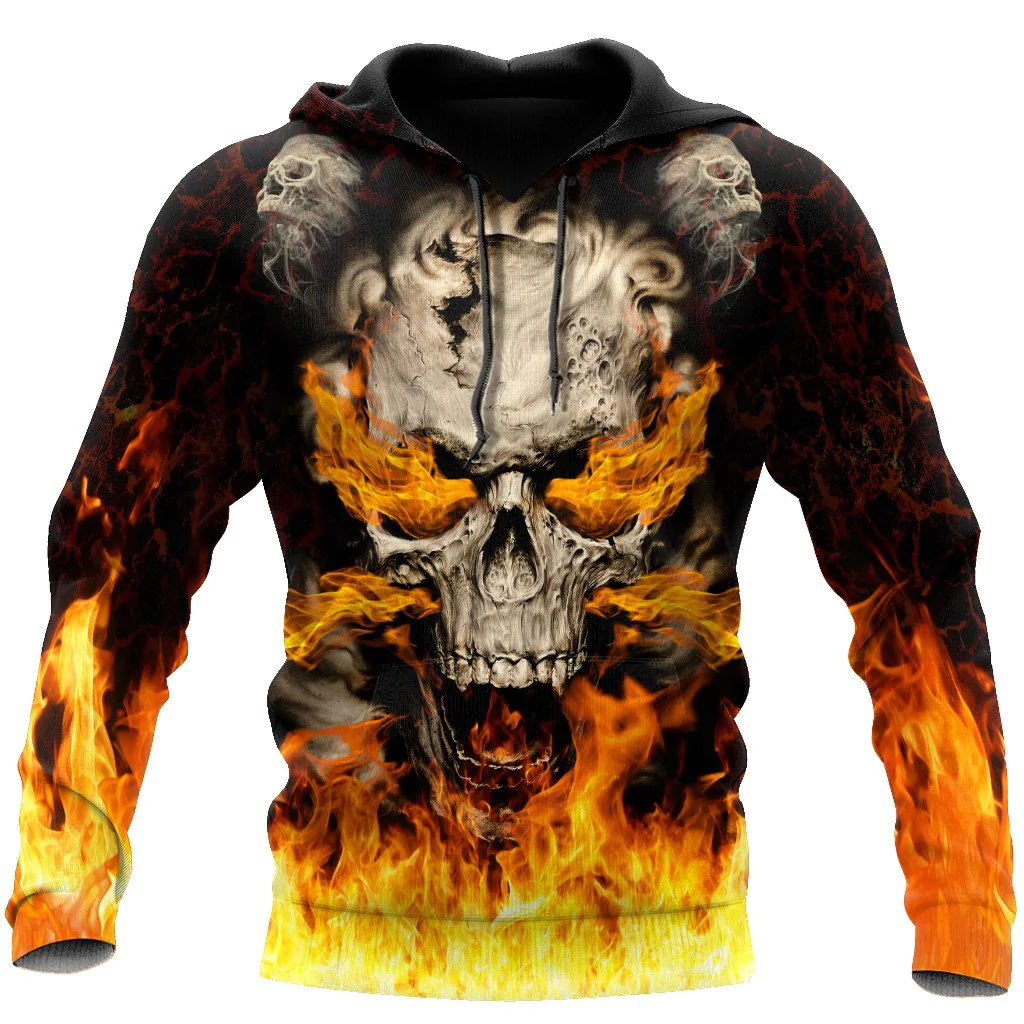 Skulls On Fire Hoodie, 3D All Over Print Fire With Skull Hoodie For Men And Women