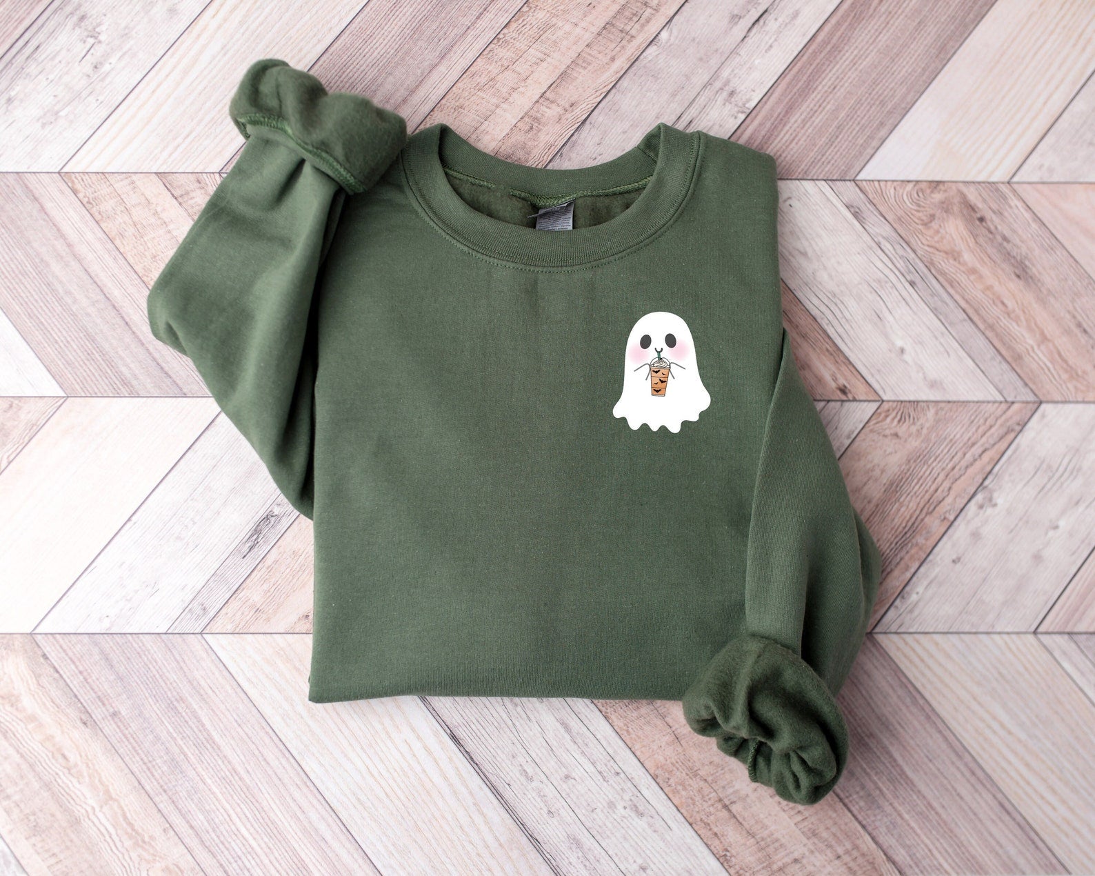 Cute Ghost Drinking Coffee Halloween 2D Crewneck Sweatshirt All Over Print Sweatshirt For Women Sweatshirt For Men Sws1229