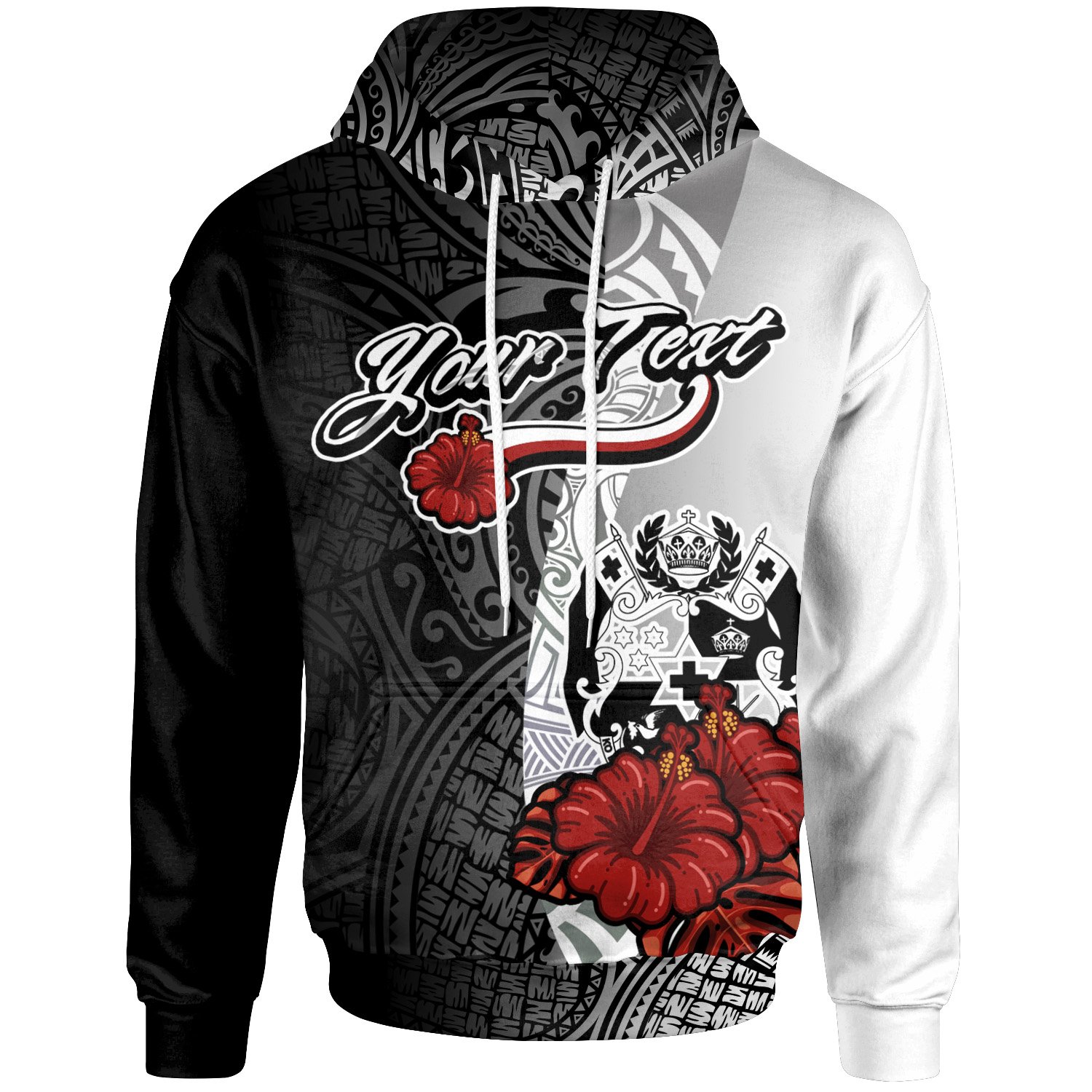 Tonga Polynesian Custom Personalised Hoodie – Coat Of Arm With Hibiscus White – BN12