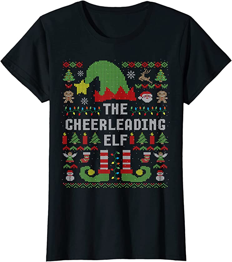 Womens The Cheerleading Elf Ugly Christmas Matching Family Group T-Shirt