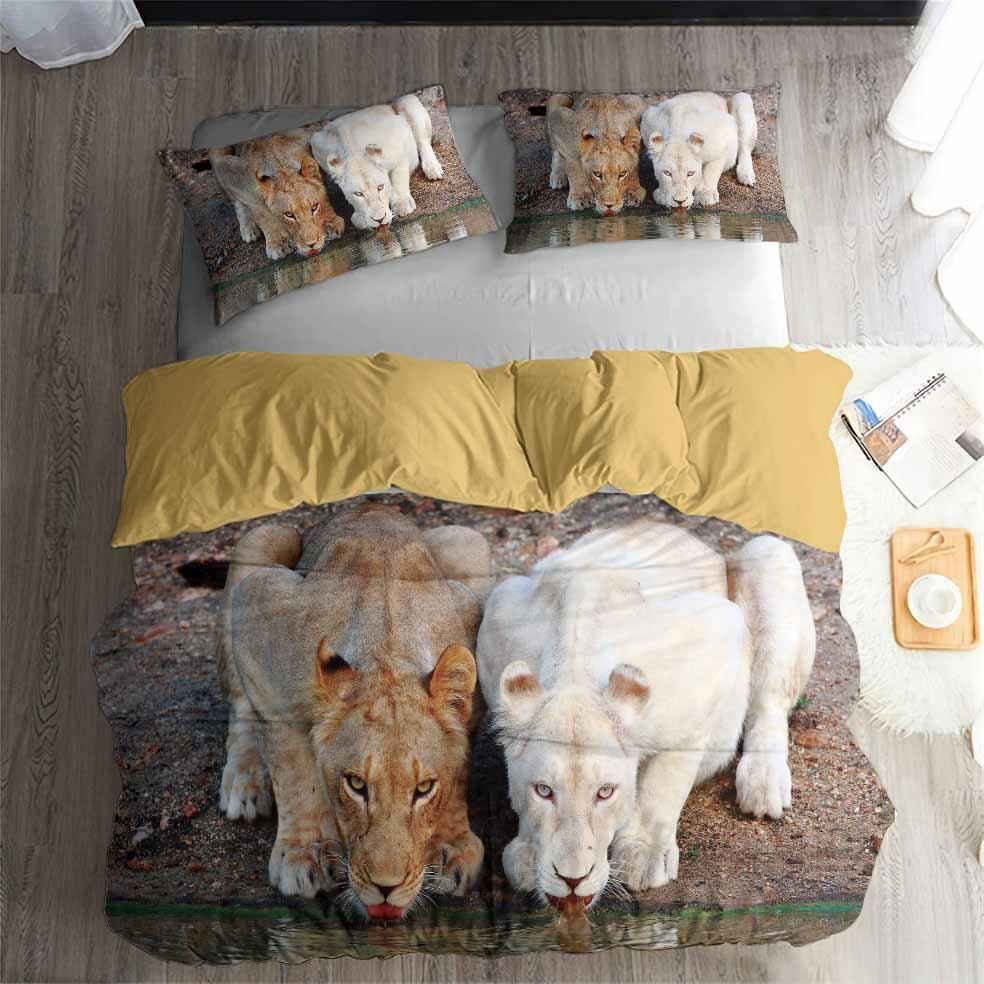 Yellow And White Lions 3D Bedding Set Bedroom Decor