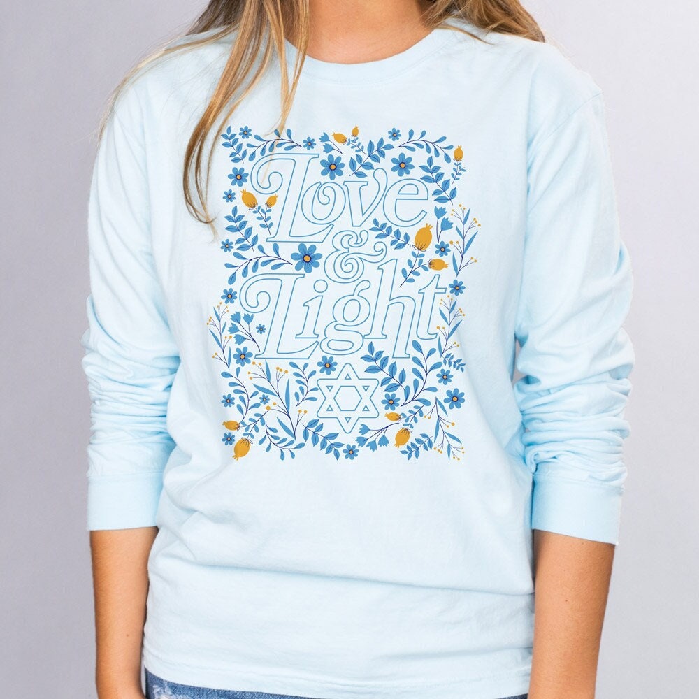 Love and Light Comfort Colors Long Sleeve Shirt, Festive Hanukkah Shirt, Hanukkah Party Shirt, Trendy, Cute