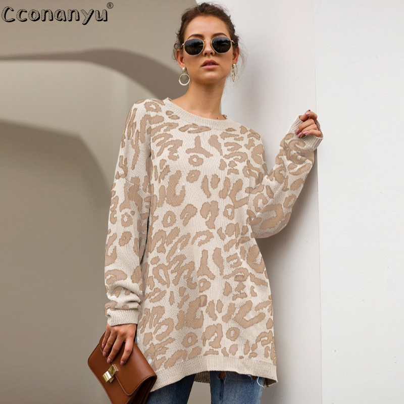 2019 Autumn winter clothing ladies long sweater fashion womens loose pullovers and sweaters leopard print knitted sweater alx