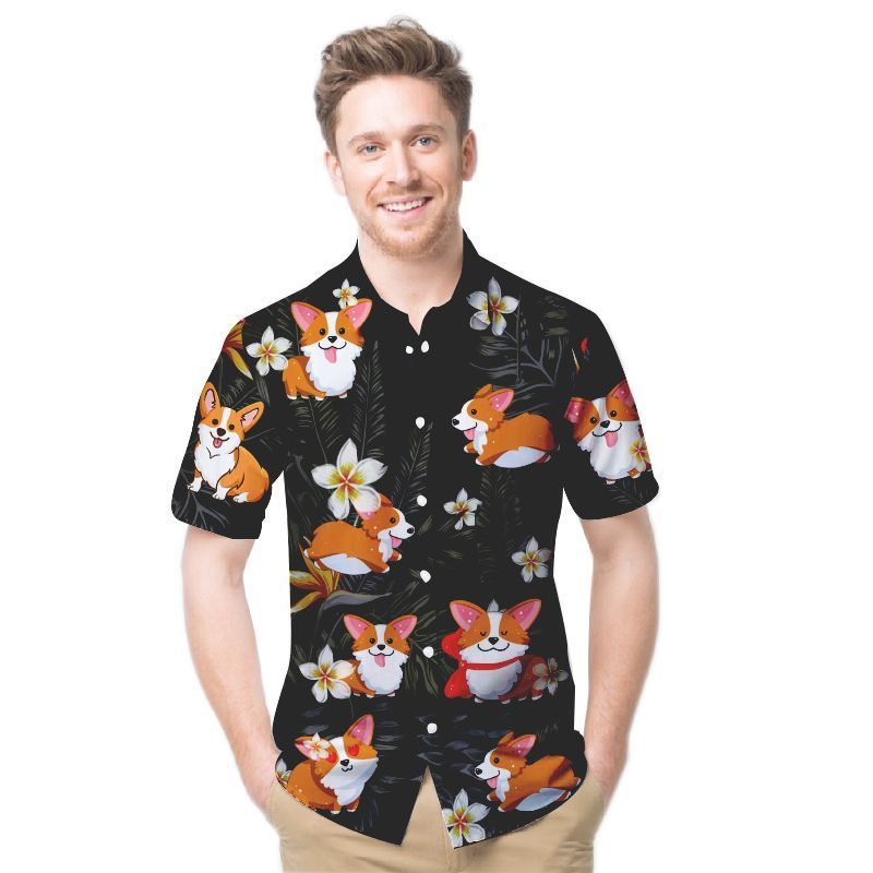 Corgi Tropical Flowers Men Hawaii Shirt For Dog Lovers Ha6135