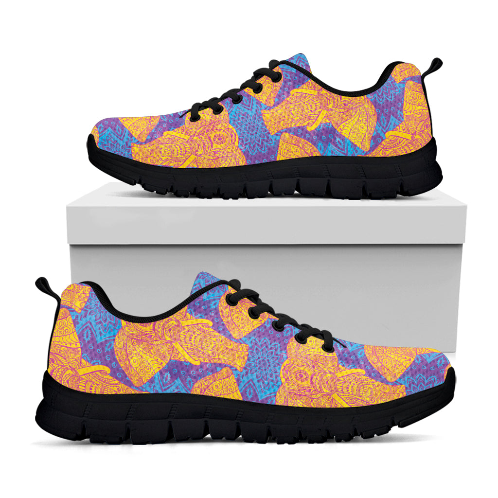 Yellow Mandala Elephant Pattern Print Black Sneakers