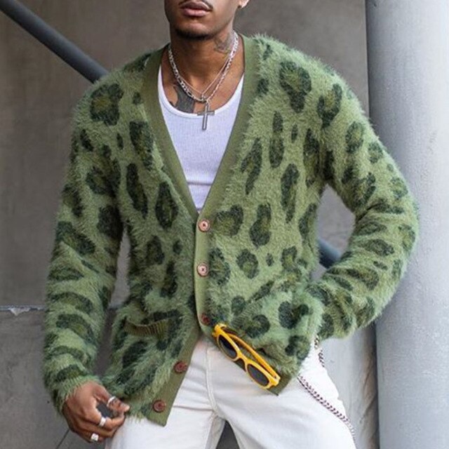 Green Leopard Printed Thick Slim Casual Sweater