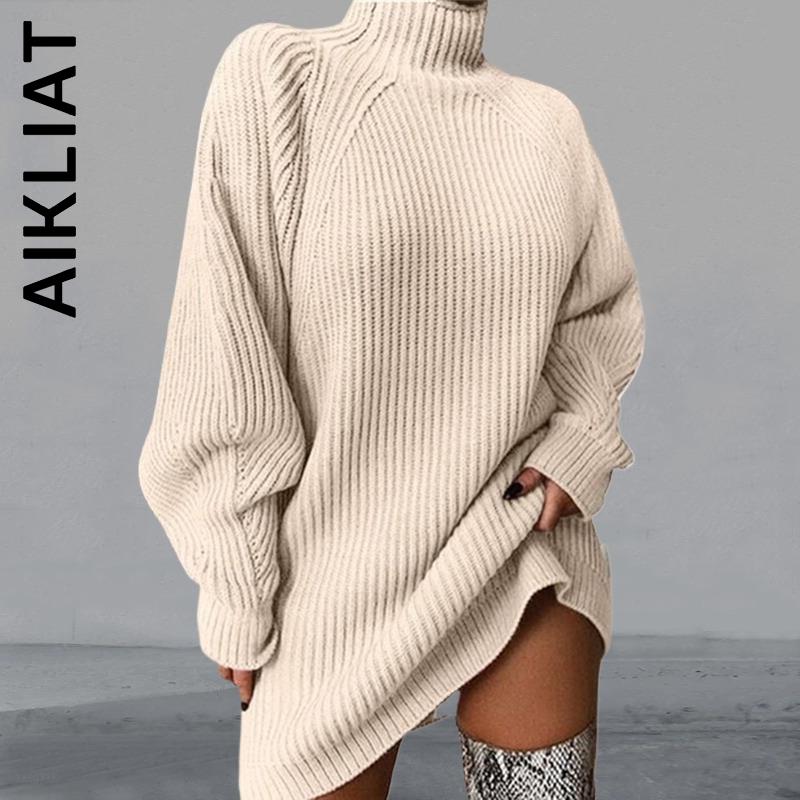 Aikliat Sweater Women Knitted New Long Sleeve Turtleneck Sweaters Ladies Elastic Popular Outfits Casual Vintage Dress Female alx