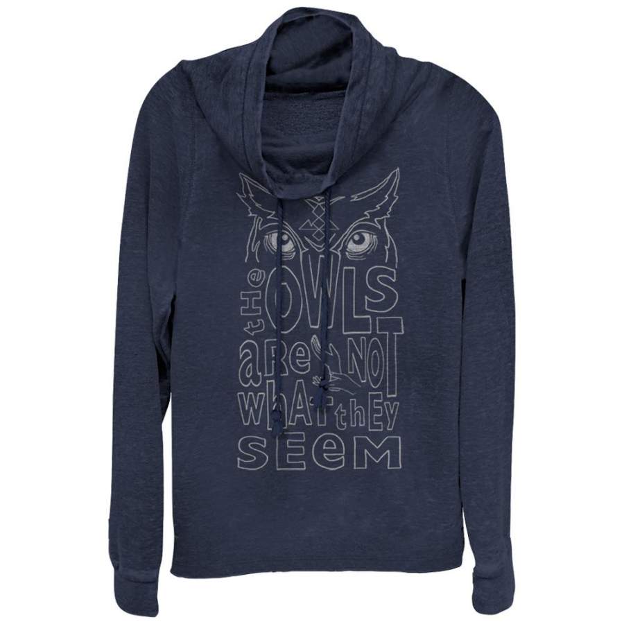 Twin Peaks Junior’s Owls Are Not What They Seem  Cowl Neck Sweatshirt Navy Blue