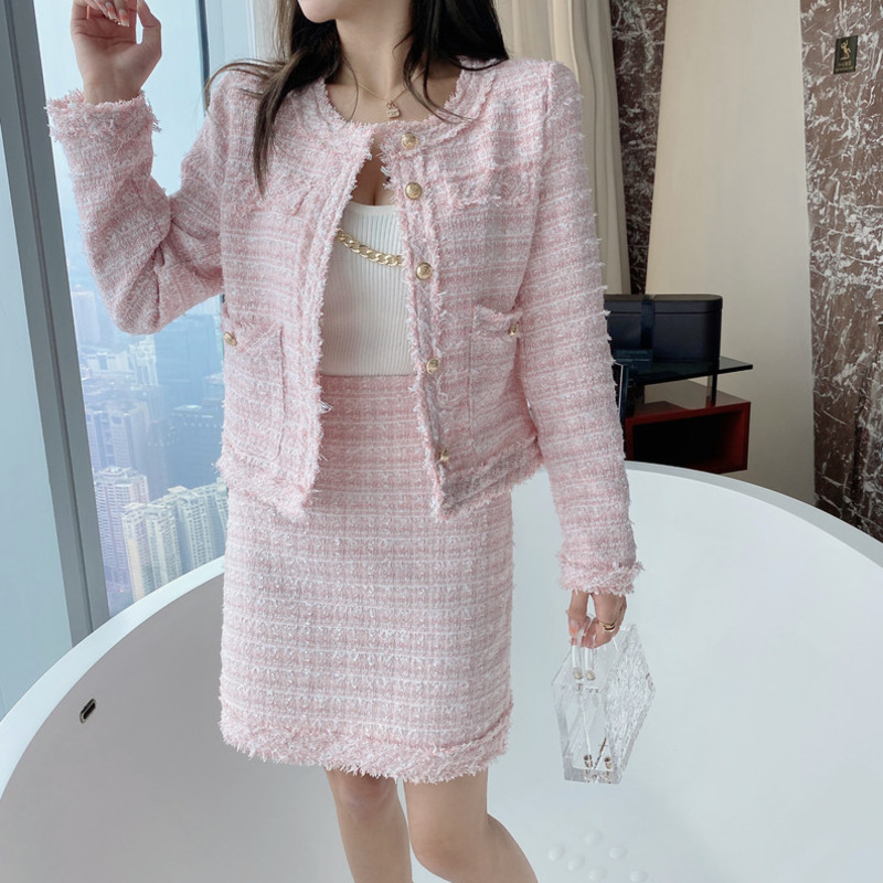 2021 New Autumn Winter Vintage Tweed Two Piece Set Women Woolen Short Jacket Coat + Skirts Sets Small Fragrance 2 Piece Suits alx