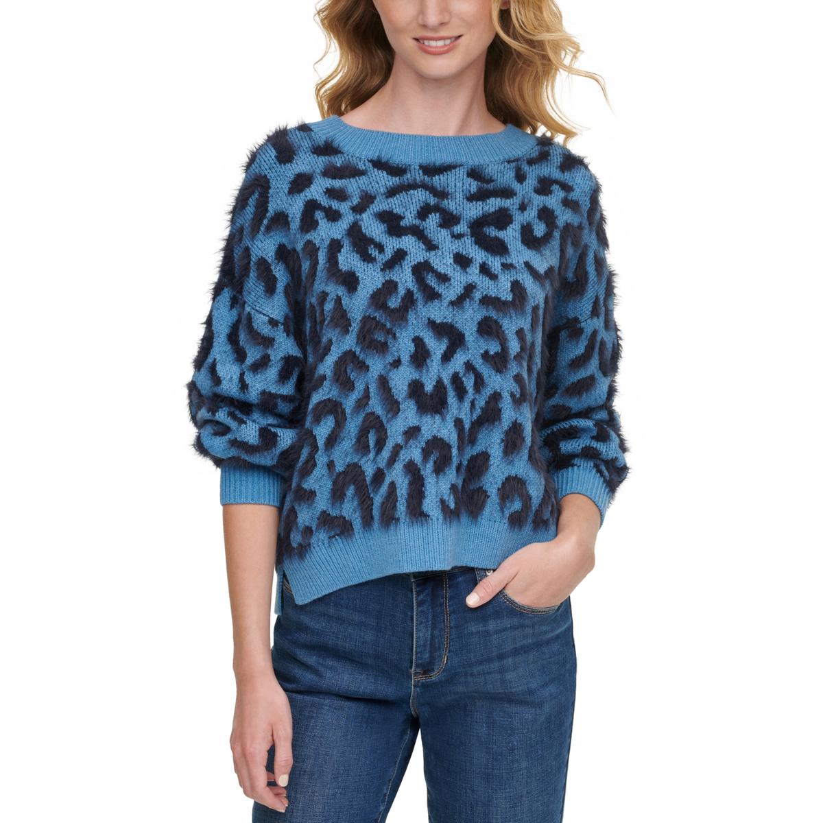 Womens Animal Print Ribbed Trim Sweater