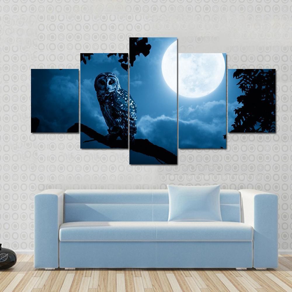 Quiet Halloween Owl At Night With Bright Full Moon In Sky Animal 5 Panel Canvas Art Wall Decor