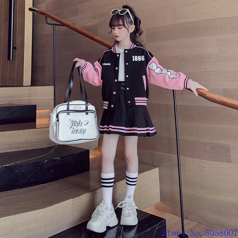 Teen Girls Autumn Suit New Baseball Uniform Spring Fashion Letter Print Patchwork Jacket + Pleated Skirt 2pcs JK Outfits 4-14 Y alx