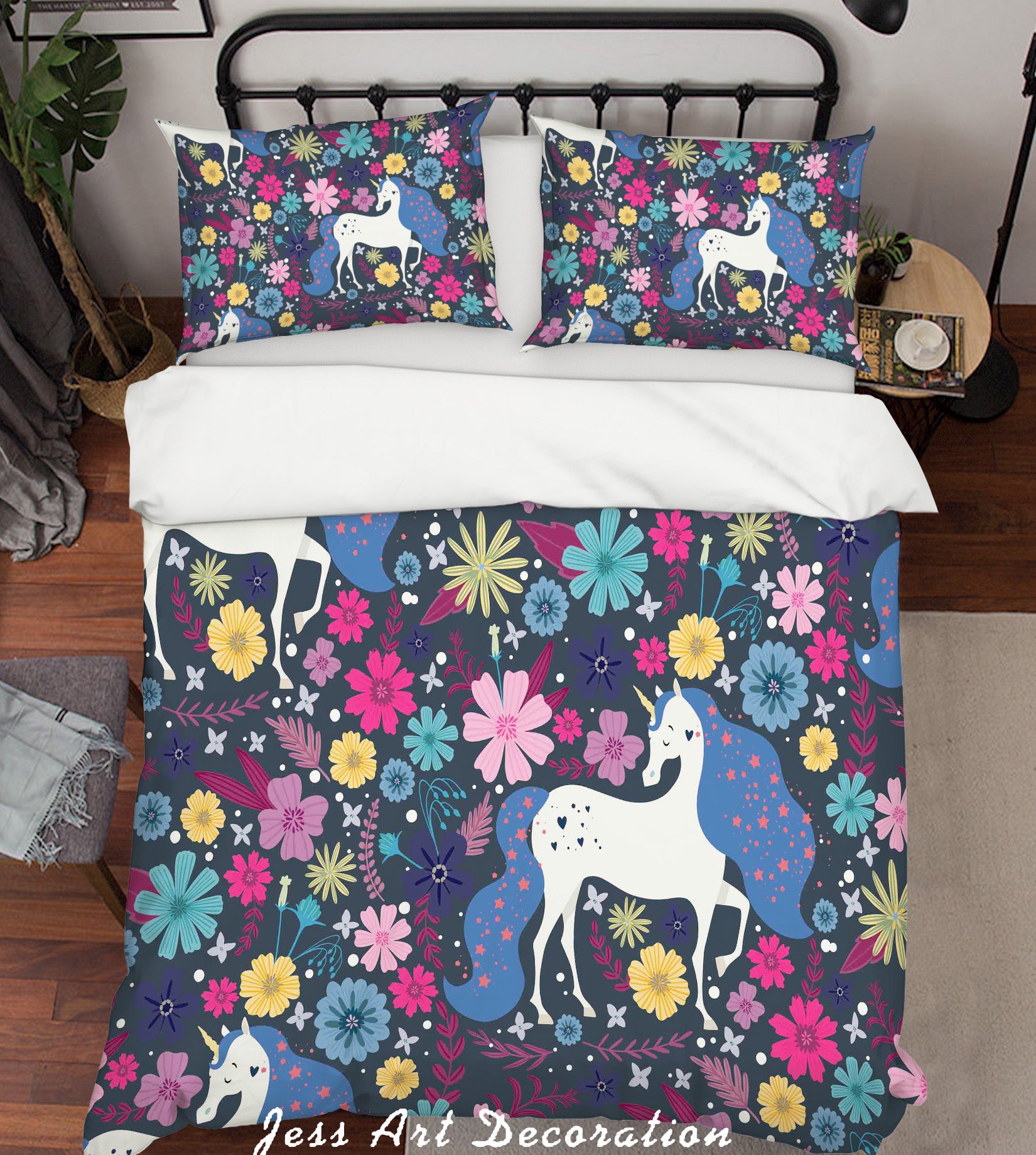 3D Blue Unicorn Floral Quilt Cover Set Bedding Set Pillowcases 57