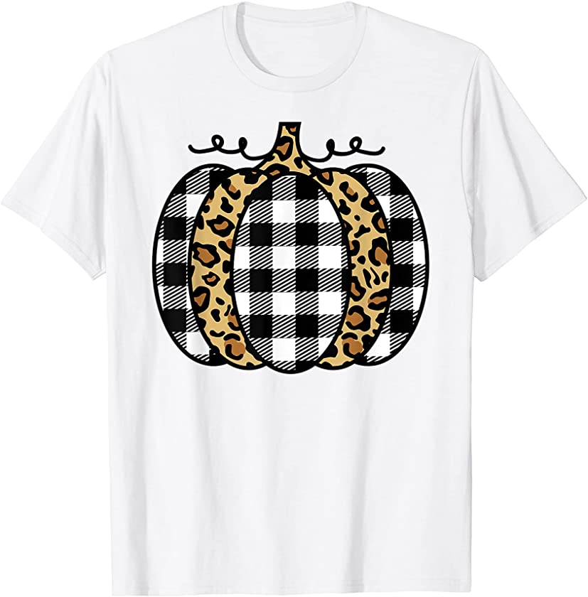 Trendy Leopard and Buffalo Plaid Check Pumpkin Fall T-Shirt