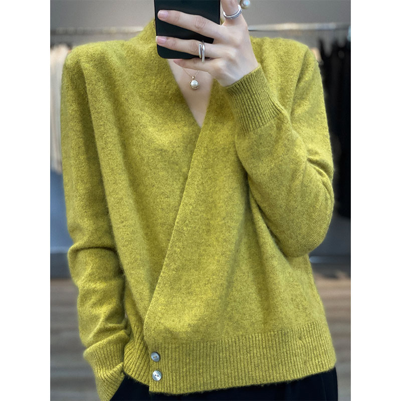 2022New Cashmere Sweater Women’s V-neck 100% Wool Collar Fashion Knitted Cardigan Loose Hundred With Sweater Pure Color Pullover alx