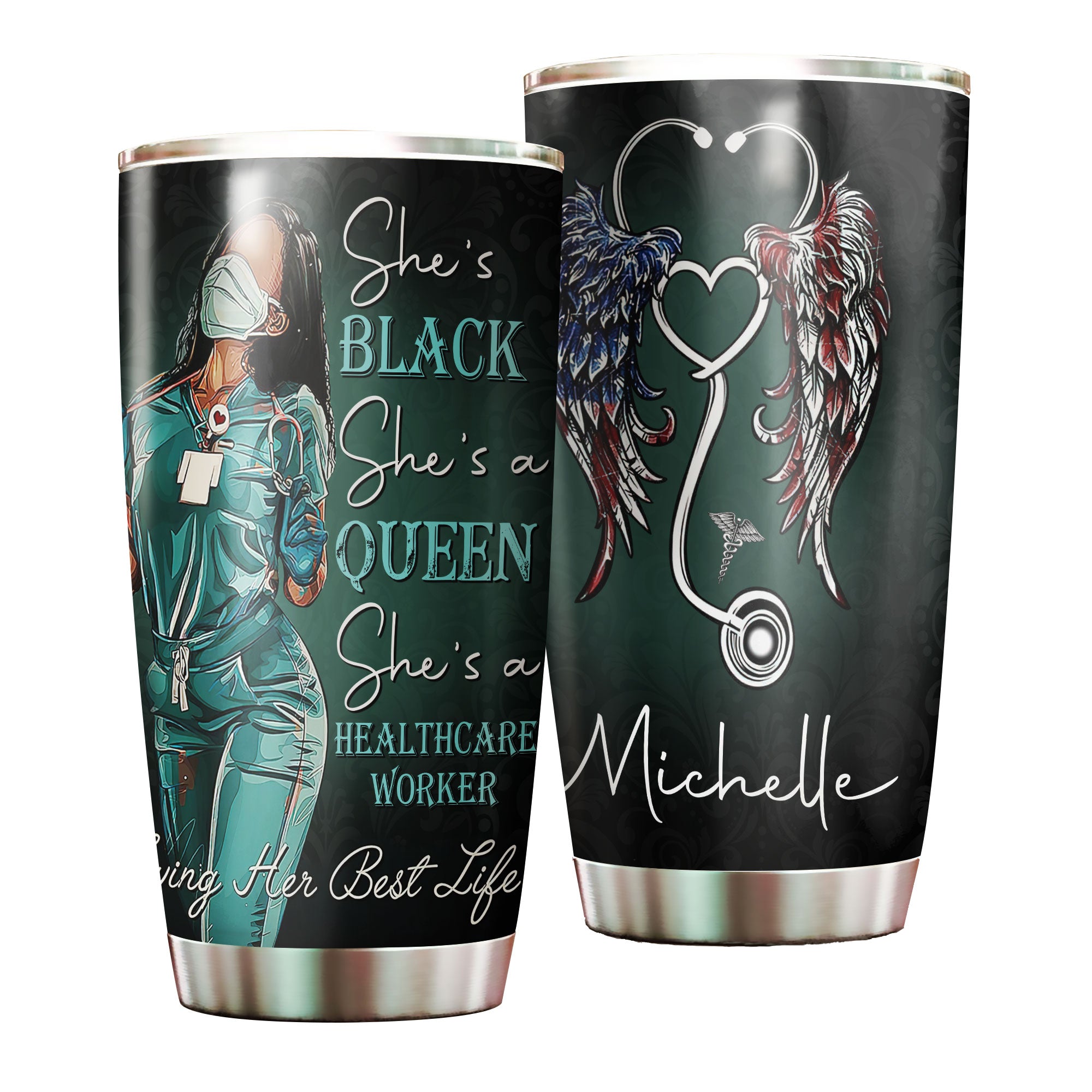 Personalized Black Nurse American Wings Stainless Steel Tumbler – Double-Walled Insulation Vacumm Flask – Gift For Black Queen, International Women’S Day, Hippie Girls, Nurse’S Day