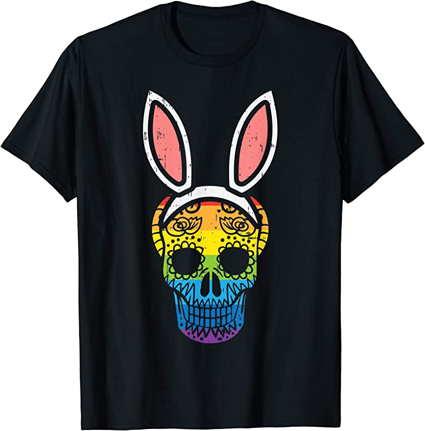 Rainbow Flag Sugar Skull Bunny Ears Easter 2020 Gay Gift T-Shirt