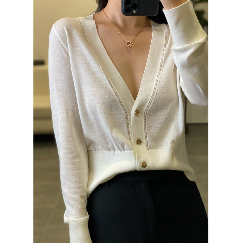 Temperament elegant knitted cashmere cardigan women’s sweater thin spring and autumn V-neck loose thin short wool coat alx