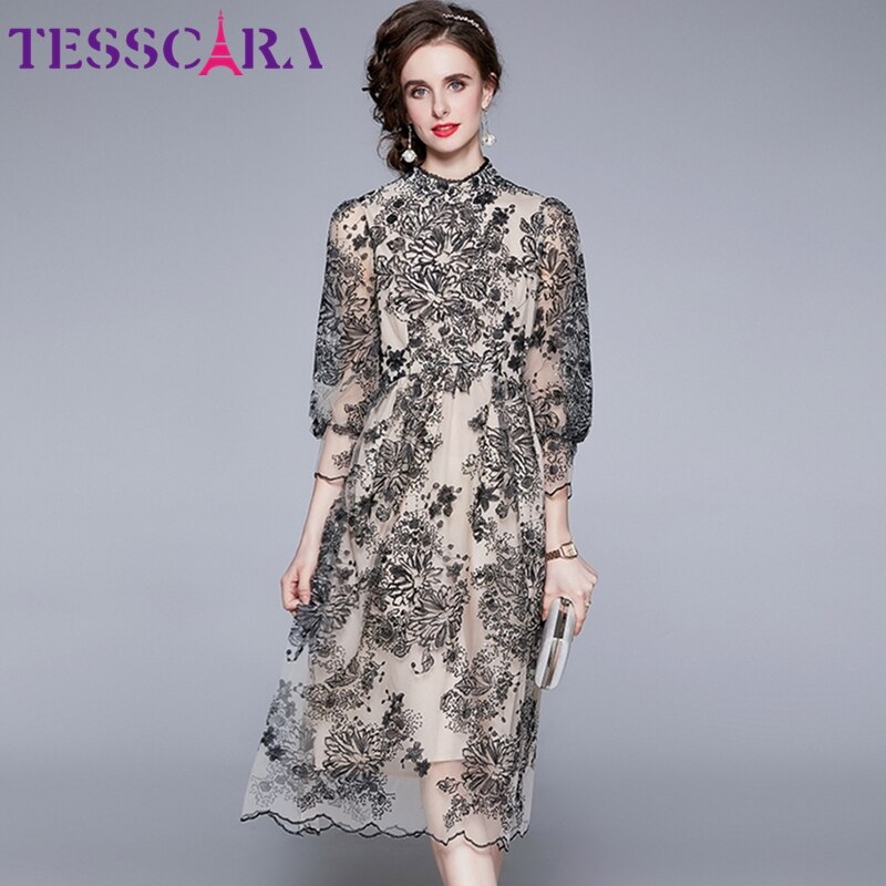 TESSCARA Women Luxury Embroidery Mesh Dress Festa High Quality Long Elegant Wedding Party Robe Femme Vintage Designer Vestidos alx