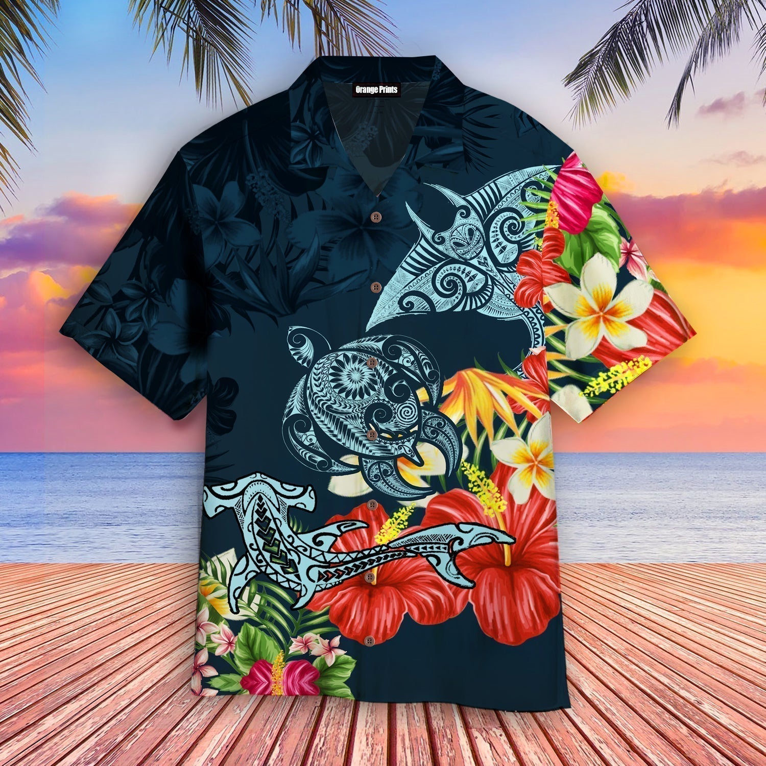 Turtle Shark Manta Ray Hibiscus Plumeria Aloha Hawaiian Shirts – Funny Hawaiian Shirts – Mens Aloha Shirt