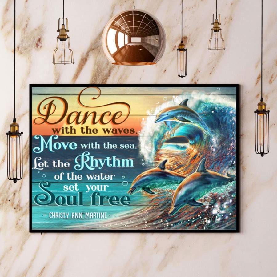 Dolphin dance with the waves soul free waves horizontal paper poster no frame/ wrapped canvas wall decor