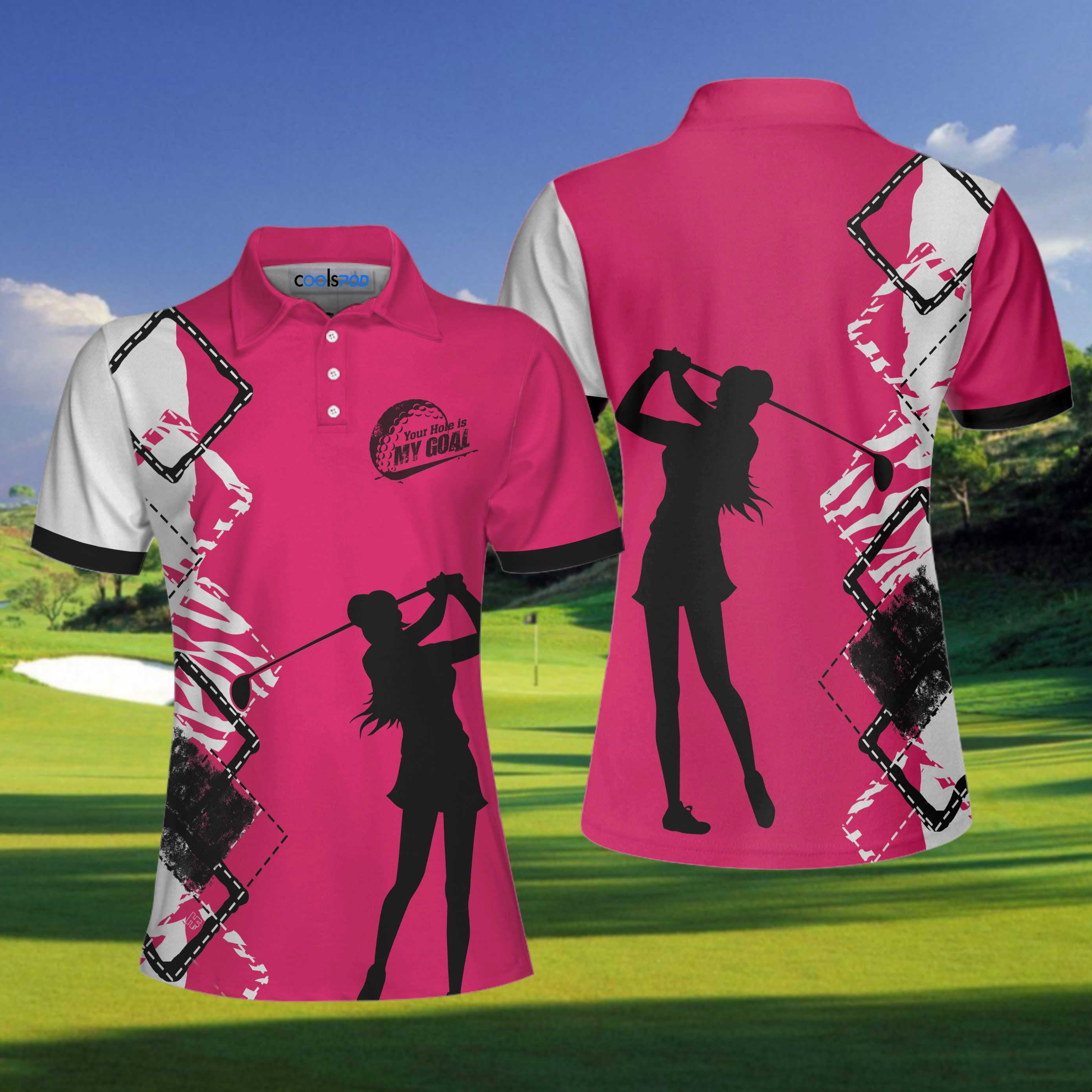 Your Hole Is My Goal Golf Short Sleeve Women Polo Shirt, White And Pink Golf Shirt For Ladies Coolspod