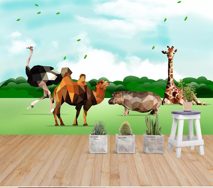 3D Animal Giraffe Camel Rhinoceros Giraffe Wall Mural Wallpaper Sf