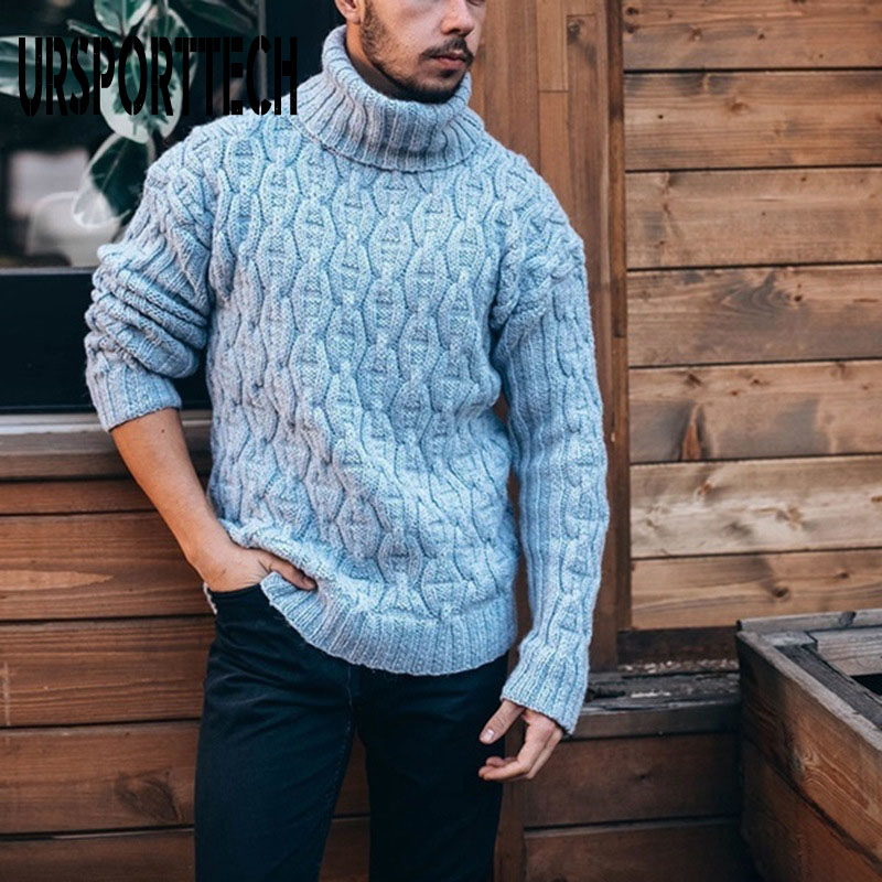 URSPORTTECH Autumn Winter New Mens Turtleneck Sweater Pullover Needle Diamond Twisted Flower Coarse Wool Knitted Sweaters alx